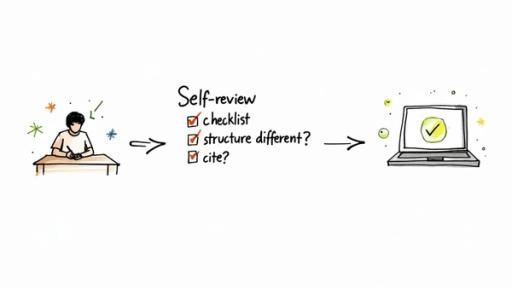 A student reviews their work using a self-review checklist, then approves it on a laptop.