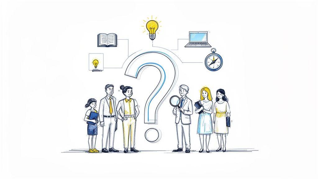 Illustration of six people standing around a large question mark with various research and idea symbols.