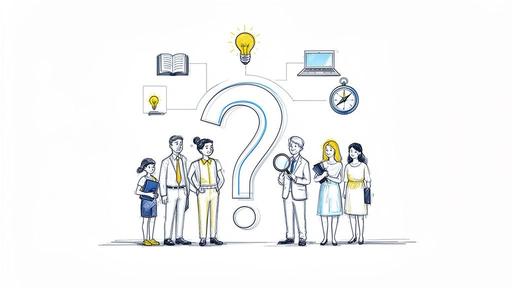 Illustration of six people standing around a large question mark with various research and idea symbols.