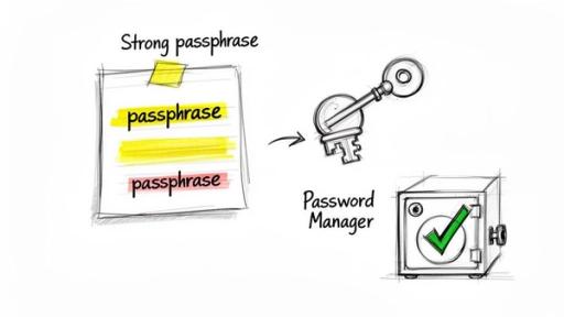 A sketch illustrating a strong passphrase as a key for a secure password manager, represented by a safe.
