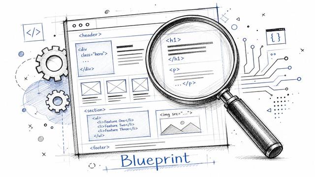 A hand-drawn sketch of a web page blueprint viewed through a magnifying glass, illustrating web development structure.