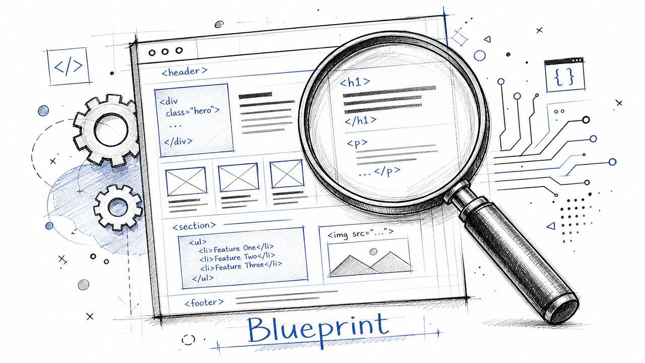 A hand-drawn sketch of a web page blueprint viewed through a magnifying glass, illustrating web development structure.