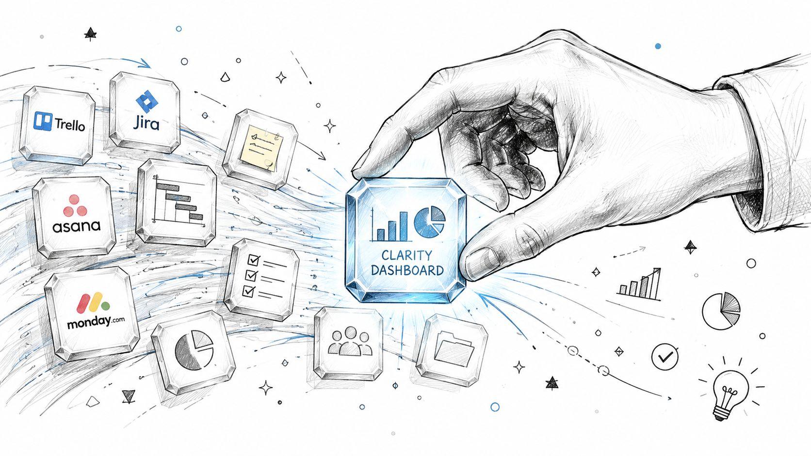 A hand placing a glowing Clarity Dashboard crystal among other project management software icons and charts.
