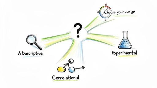A visual guide to research methodology, illustrating descriptive, correlational, and experimental designs.
