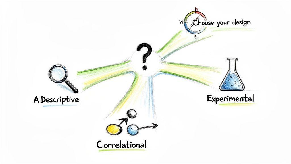 A visual guide to research methodology, illustrating descriptive, correlational, and experimental designs.