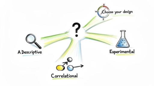 A visual guide to research methodology, illustrating descriptive, correlational, and experimental designs.