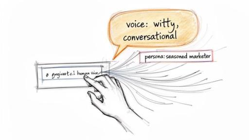 A sketch showing a hand interacting with "human voice" input, defining "witty, conversational" voice and "seasoned marketer" persona.