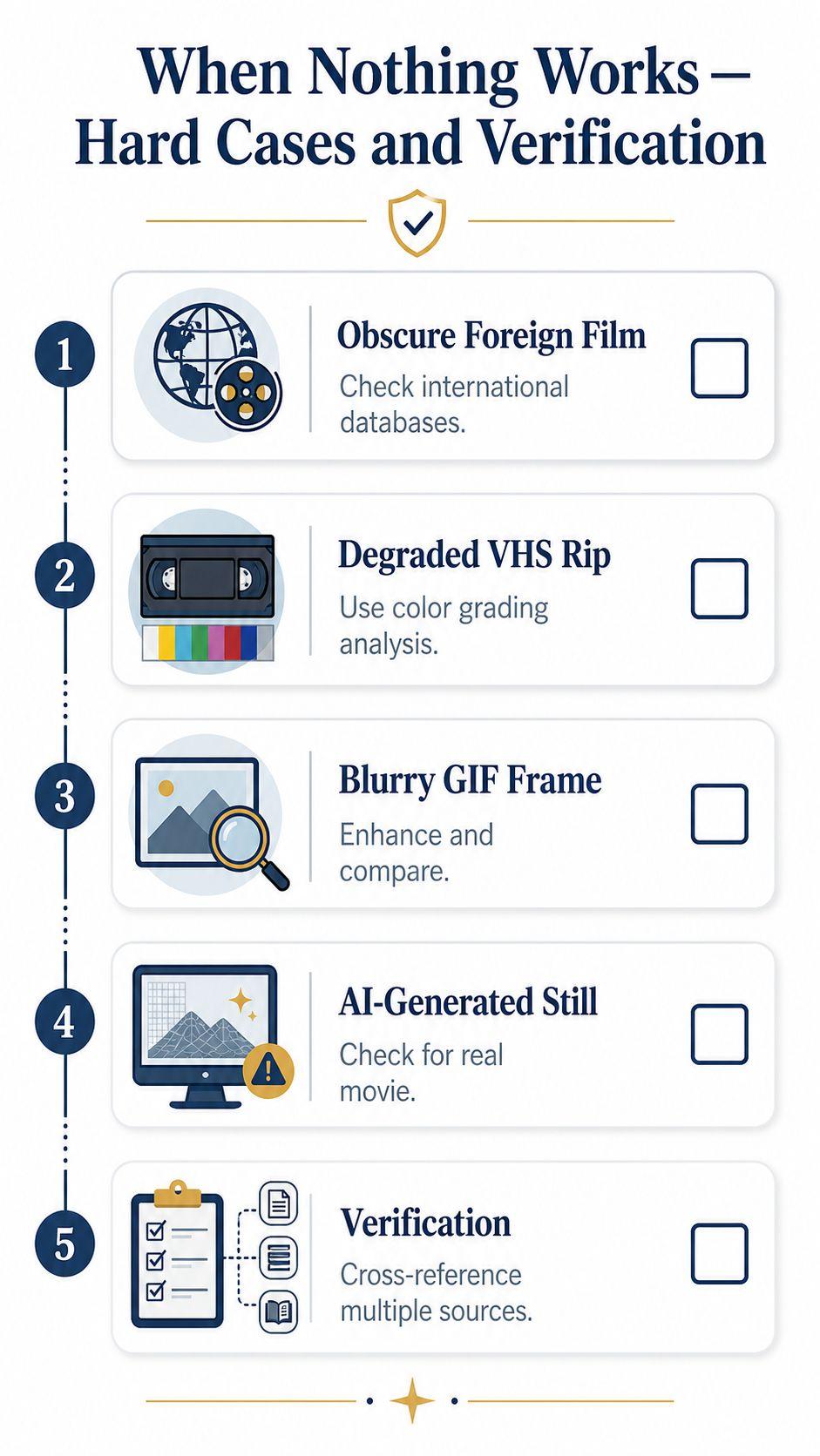 A five-step infographic showing techniques to identify hard cases for finding the source of a movie.