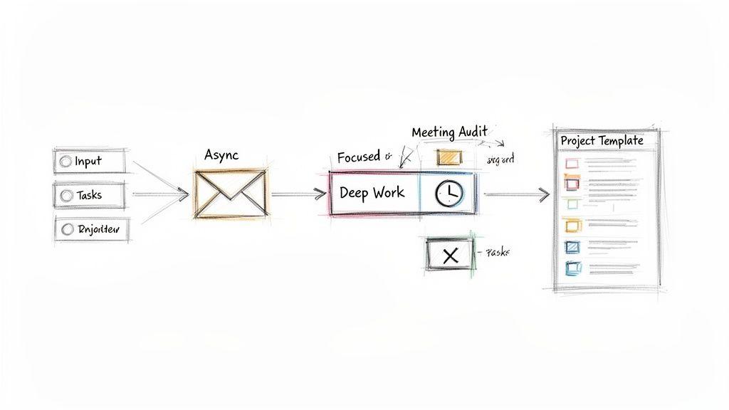 Flowchart illustrating a task management and deep work process, moving from input to a project template.