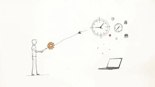 A stick figure uses an orange gear to initiate a process, connecting to clocks, a calendar, and a laptop.