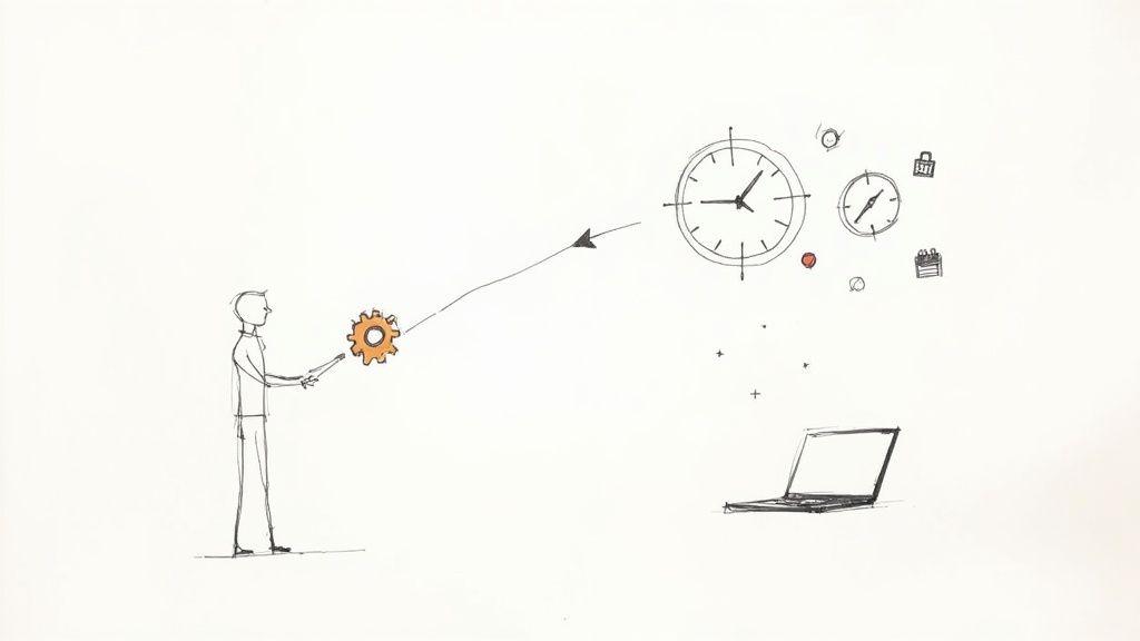 A stick figure uses an orange gear to initiate a process, connecting to clocks, a calendar, and a laptop.