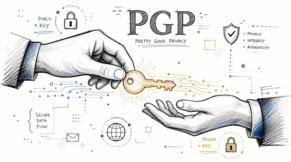 A hand passing an orange key to another hand, illustrating the concept of Pretty Good Privacy encryption.