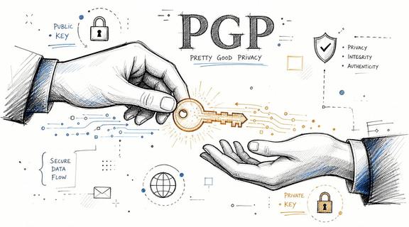 A hand passing an orange key to another hand, illustrating the concept of Pretty Good Privacy encryption.