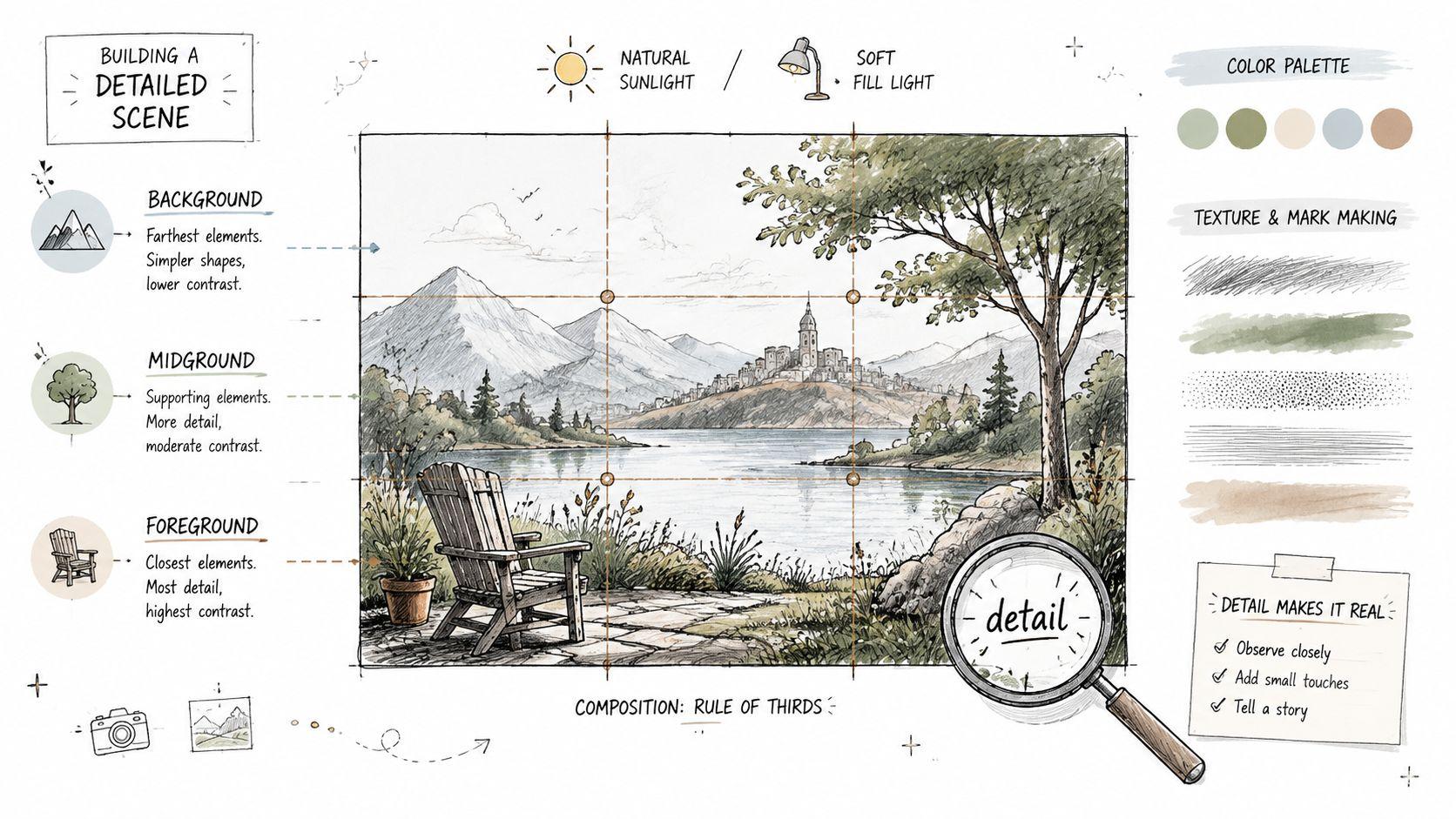 An educational infographic explaining the principles of building a detailed scene for art and AI image generation.