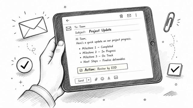 A hand holding a digital tablet displaying an email update on project milestones and action items.
