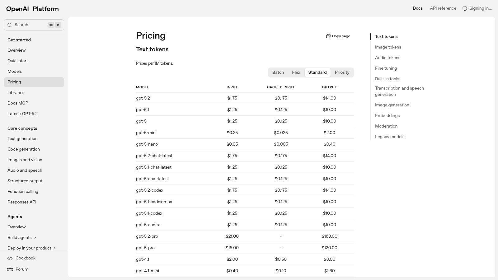 OpenAI's API pricing page for image models