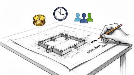 A hand drawing a building blueprint with a pencil, alongside icons for money, time, and people.