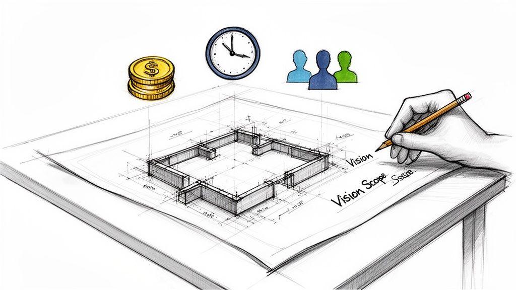 A hand drawing a building blueprint with a pencil, alongside icons for money, time, and people.