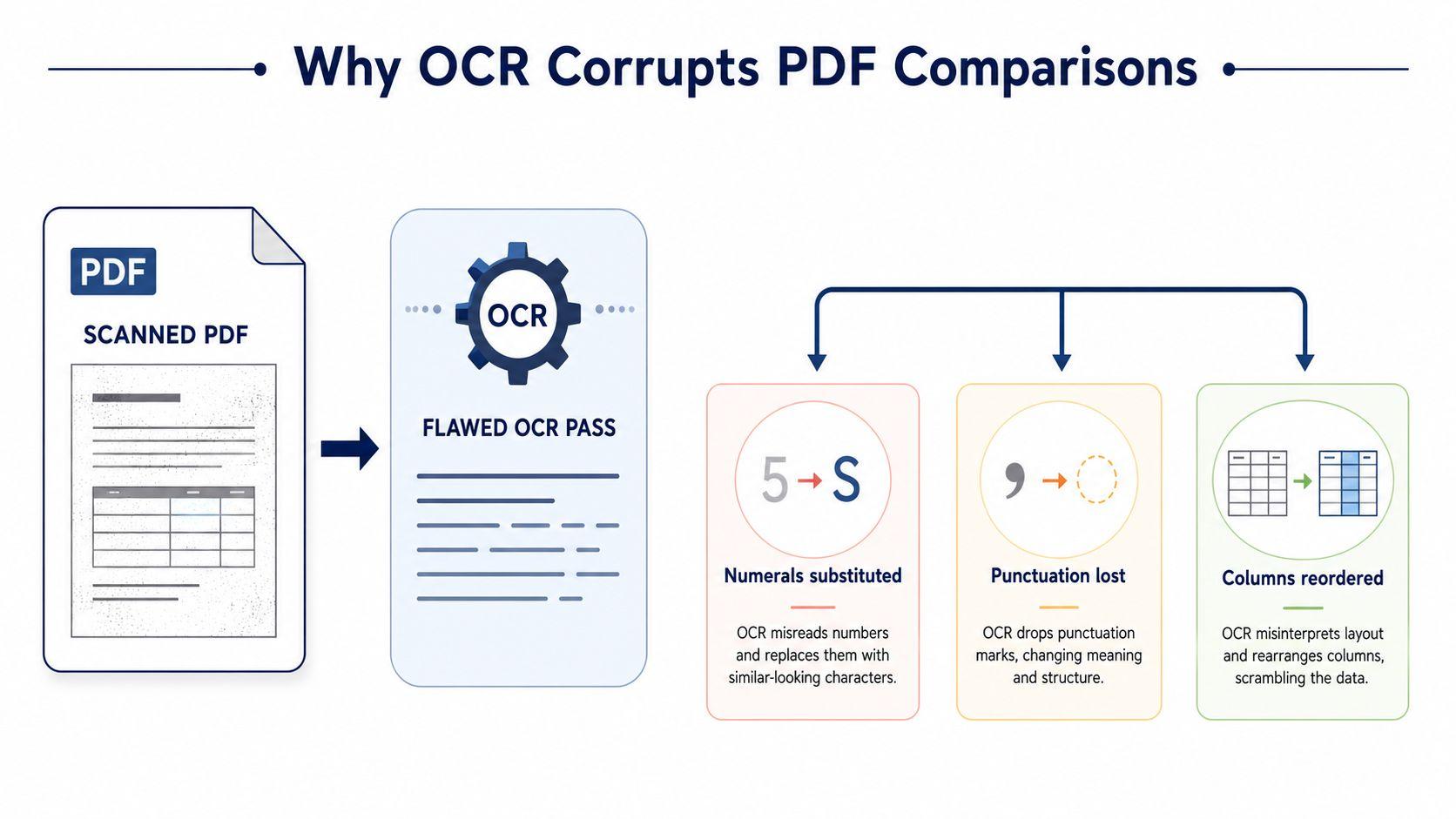 A diagram illustrating how OCR processing can cause errors like character substitution, punctuation loss, and column reordering in PDFs.