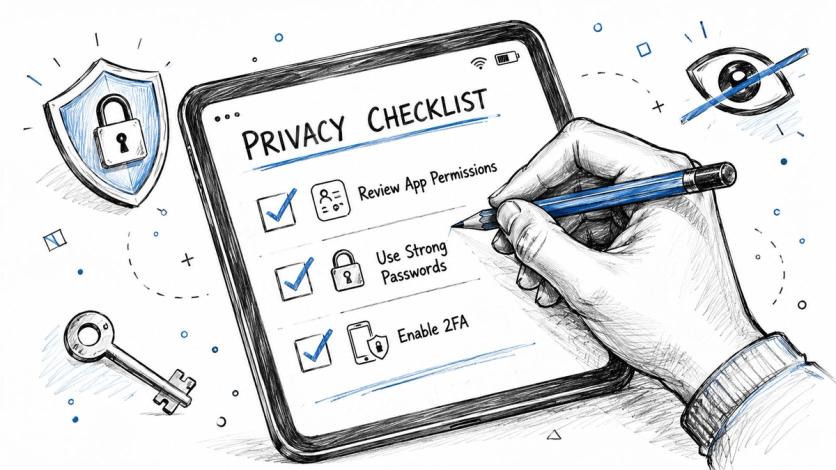 A hand filling out a privacy checklist on a tablet, featuring icons for app permissions and security.