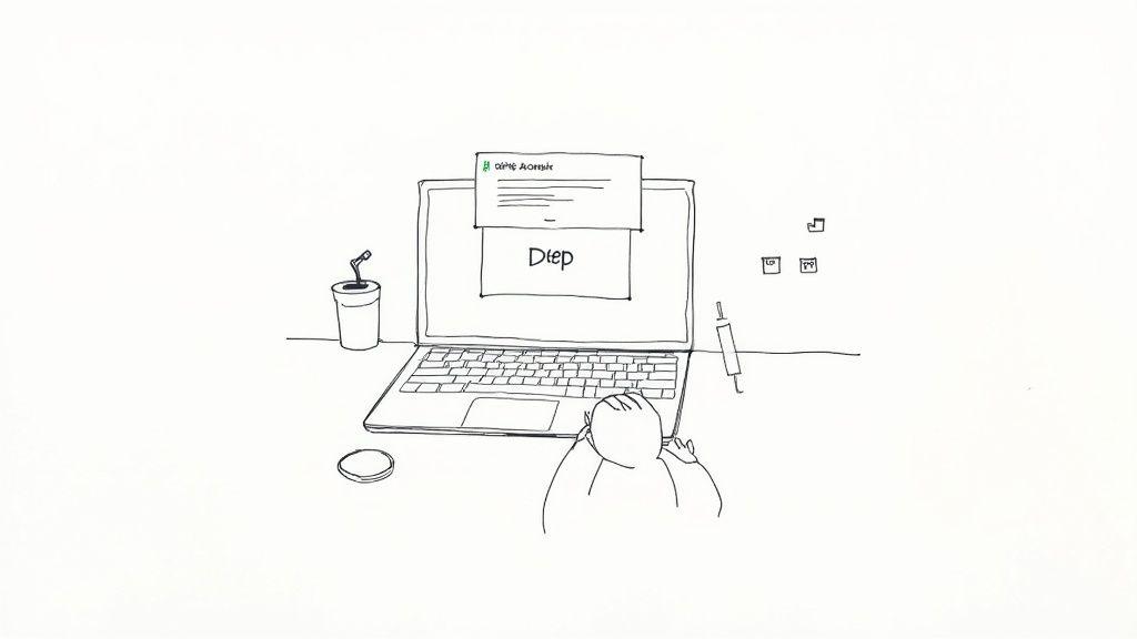 A simple line drawing of a person working on a laptop with a Slack notification.