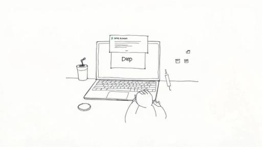 A simple line drawing of a person working on a laptop with a Slack notification.