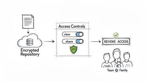 Diagram showing encrypted document sharing with access controls, 2FA, and the ability to revoke access for team and family.