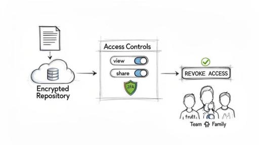 Diagram showing encrypted document sharing with access controls, 2FA, and the ability to revoke access for team and family.
