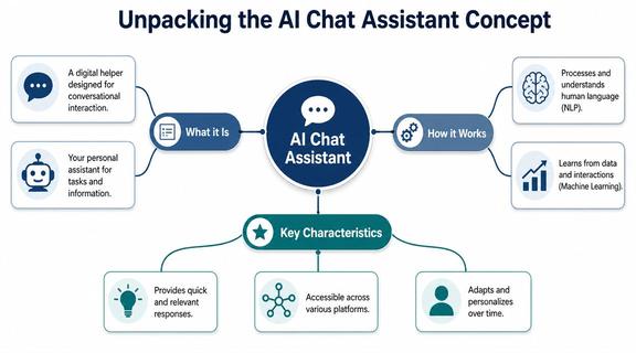 A diagram illustrating the concept of an AI chat assistant, its functionality, and key characteristics.