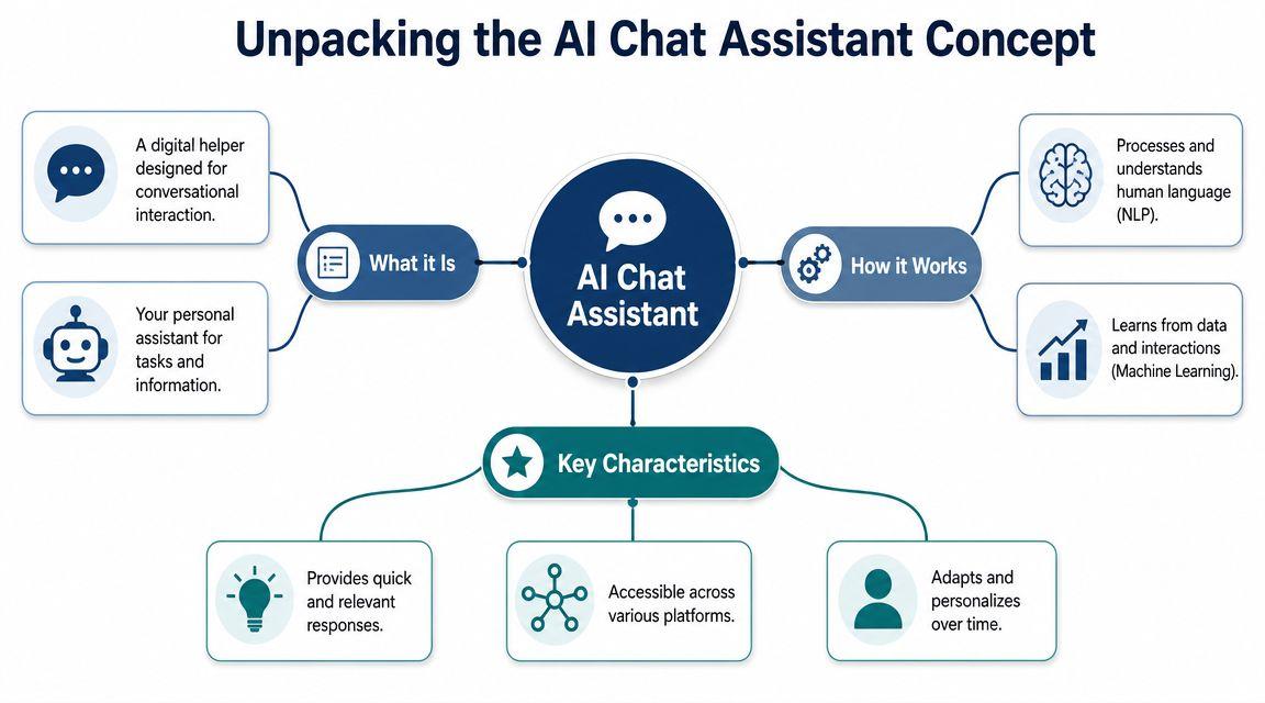 A diagram illustrating the concept of an AI chat assistant, its functionality, and key characteristics.