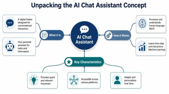 A diagram illustrating the concept of an AI chat assistant, its functionality, and key characteristics.
