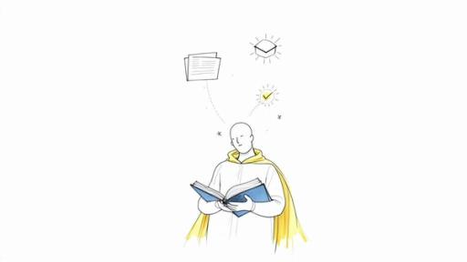 Student wearing yellow cape reading book with study icons representing learning achievement and comprehension