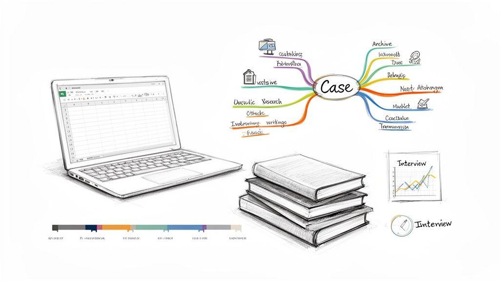 A visual representation of case study analysis tools, including a laptop, mind map, books, and interview data.