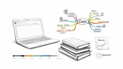 A visual representation of case study analysis tools, including a laptop, mind map, books, and interview data.