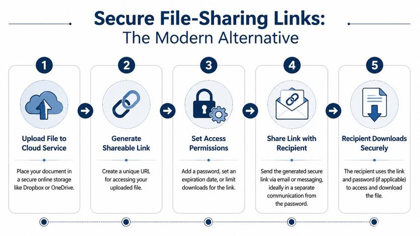 A five-step infographic showing how to securely share files online using password-protected links and cloud services.