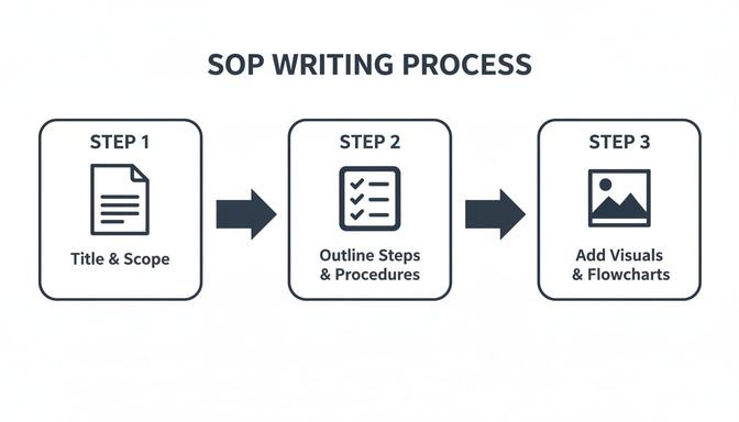 An infographic showing the 3-step SOP writing process: Title & Scope, Outline Steps & Procedures, and Add Visuals & Flowcharts.
