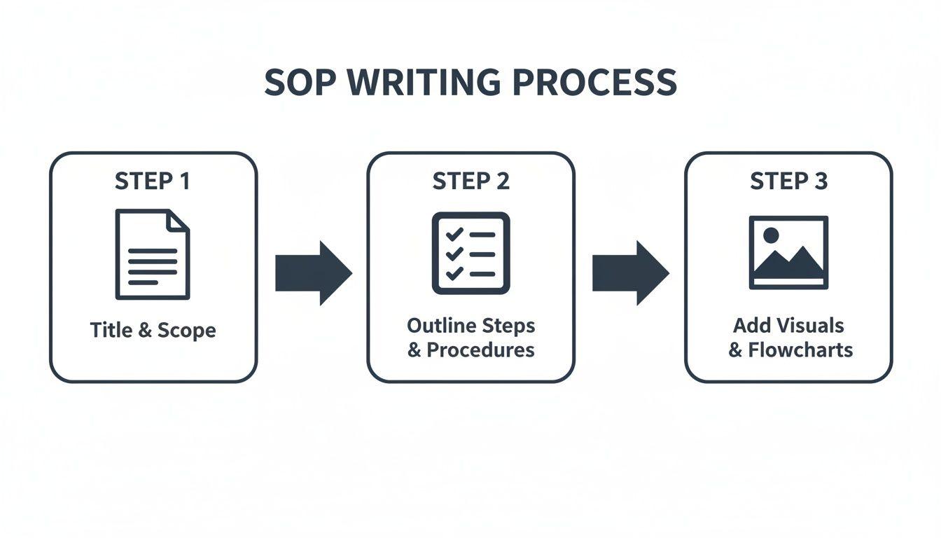 An infographic showing the 3-step SOP writing process: Title & Scope, Outline Steps & Procedures, and Add Visuals & Flowcharts.