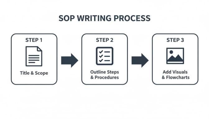 An infographic showing the 3-step SOP writing process: Title & Scope, Outline Steps & Procedures, and Add Visuals & Flowcharts.