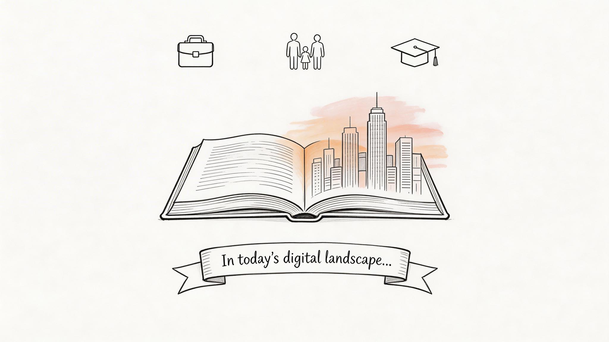 A line-art illustration of an open book featuring a city skyline, with icons for work, family, and education.