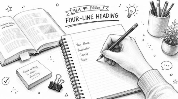 A hand writes an MLA ninth edition four-line heading in a notebook next to a textbook.