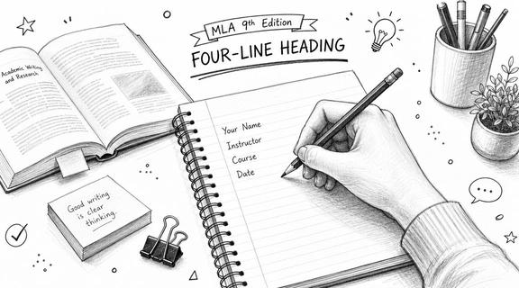 A hand writes an MLA ninth edition four-line heading in a notebook next to a textbook.