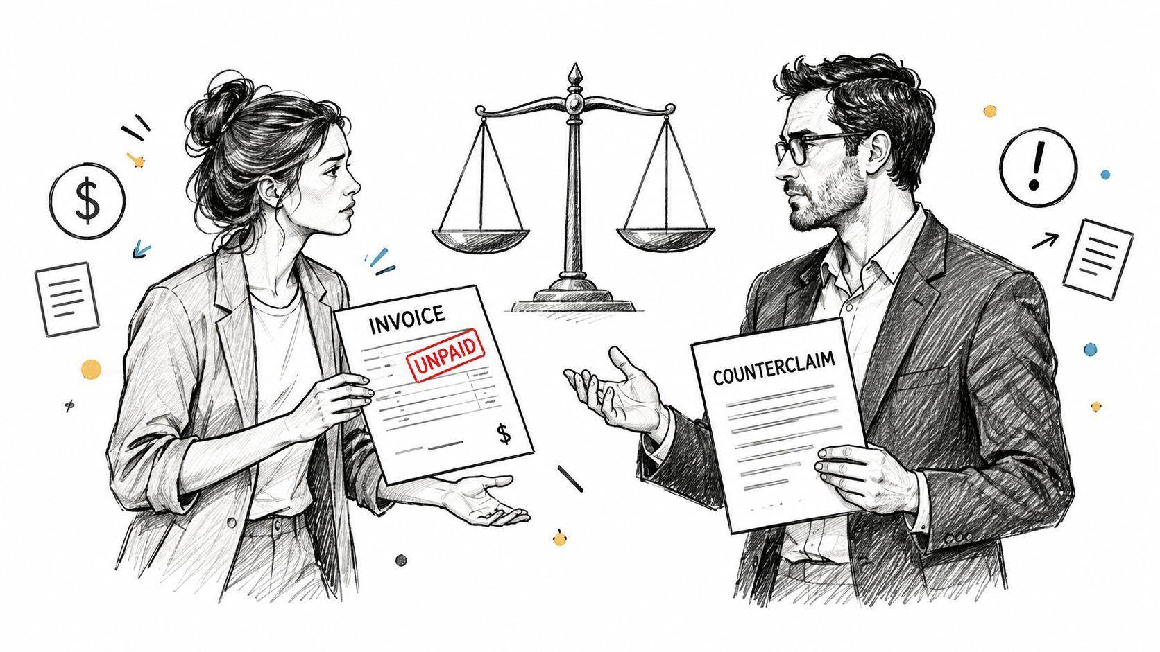 A woman holding an unpaid invoice facing a man holding a legal counterclaim under balance scales.
