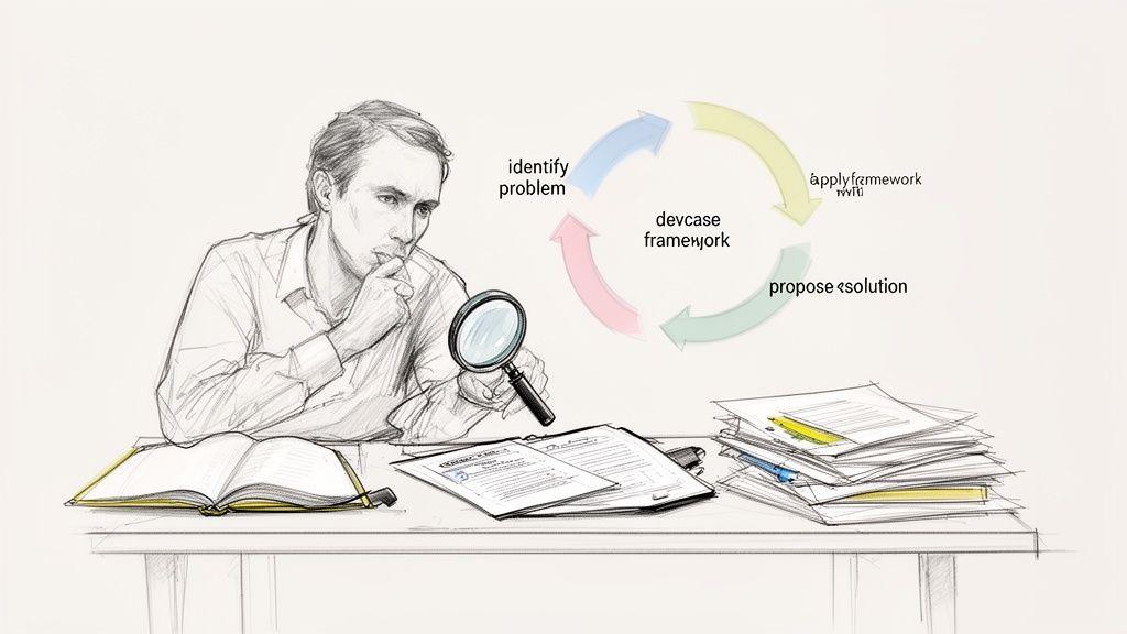 Illustration of a man examining documents with a magnifying glass, following a problem-solving framework.