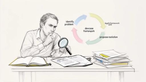 Illustration of a man examining documents with a magnifying glass, following a problem-solving framework.
