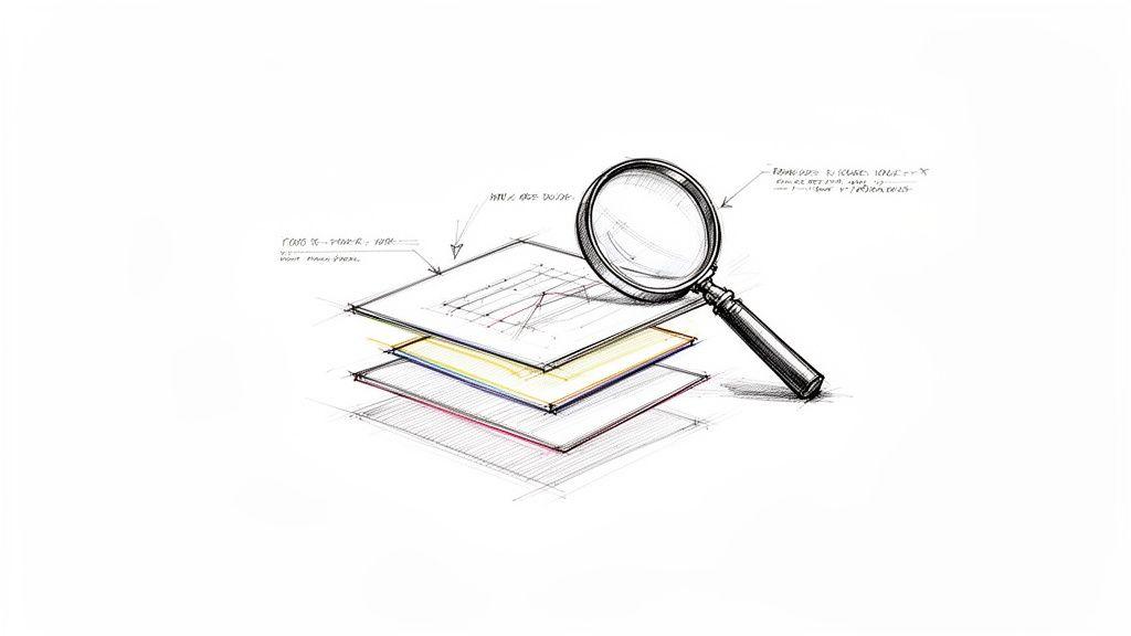 Sketch of a magnifying glass examining a stack of layered data sheets with charts and notes.