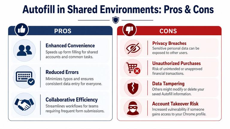 A comparison infographic showing the pros and cons of using autofill features in shared computer environments.