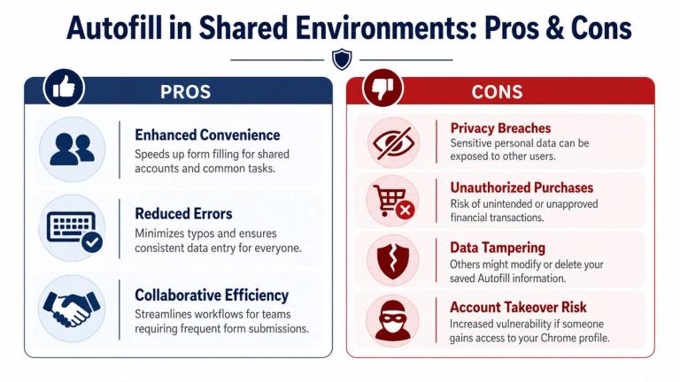A comparison infographic showing the pros and cons of using autofill features in shared computer environments.