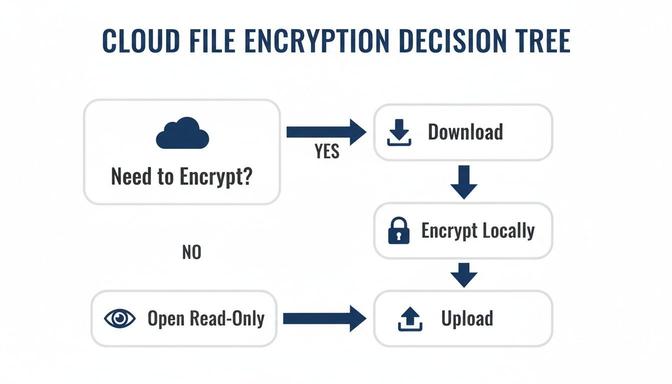 A cloud file encryption decision tree showing steps to download, encrypt, and upload or open read-only and upload.