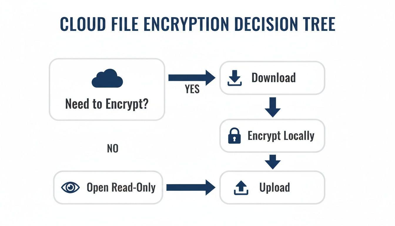 A cloud file encryption decision tree showing steps to download, encrypt, and upload or open read-only and upload.