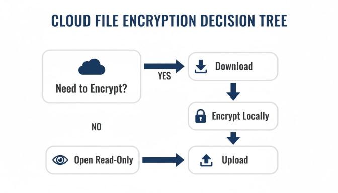 A cloud file encryption decision tree showing steps to download, encrypt, and upload or open read-only and upload.